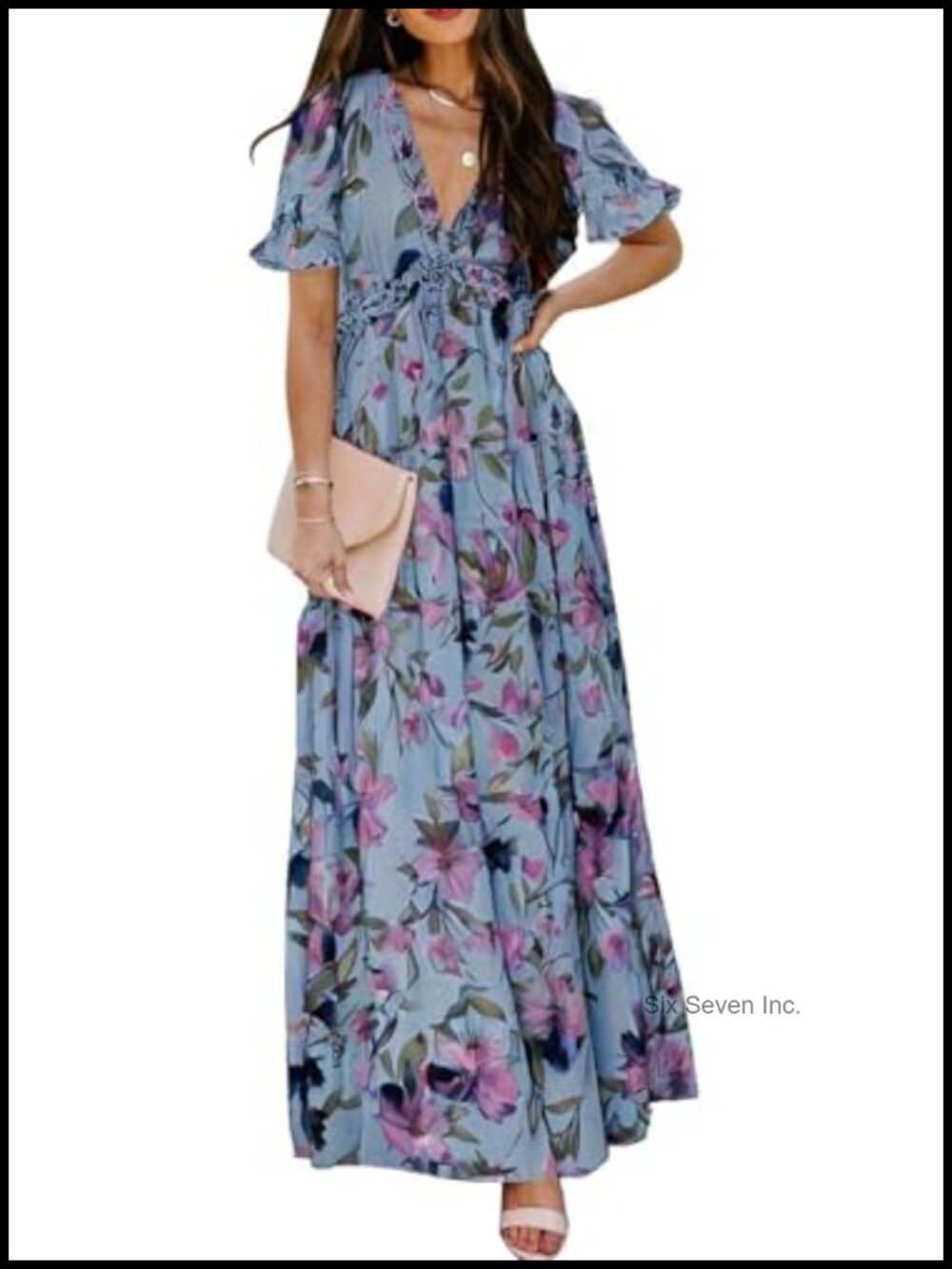 Boho Floral Printed V Neck Short Sleeve Maxi Dress Ruched Cocktail Party
